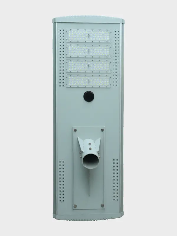 SD integrated solar street light fixture on white background